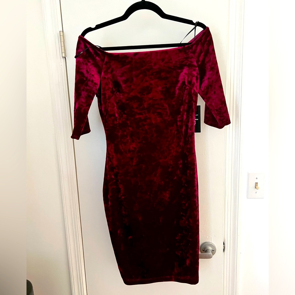 Crushed Velvet Off the Shoulder Midi Dress, NWT